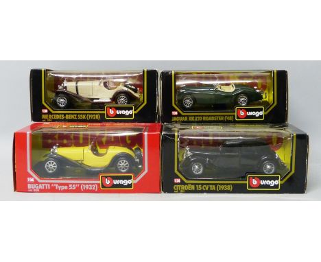 Burago: 1;24 scale, Bugatti type 55, 1932, Jaguar XK120 roadster, 1945, Citroen 15 CV TA, 1938 and Mercedes-Benz SSK, 1928, (