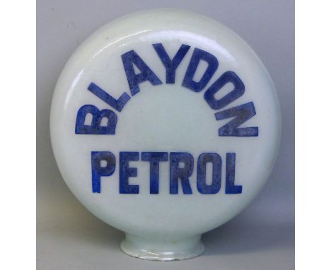 Blaydon Petrol - a glass circular petrol pump globe, diameter 29 cm.