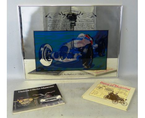 Mercedes-Benz, a dealer issue commemorative mirror depicting a 1937 W125 race car, 46 x 61 cm, together with two books; M-B m