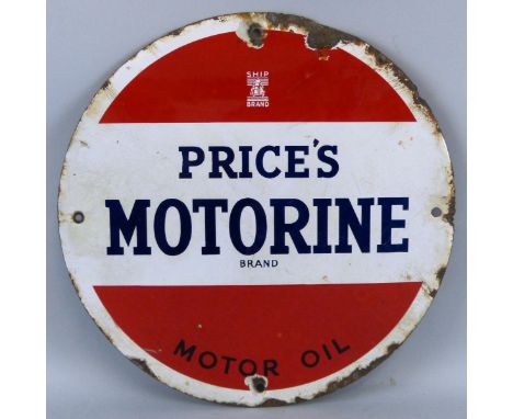 A Price's Motorine Motor Oil single sided porcelain enamel advertising sign, 36 cm.