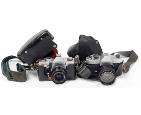 A Yashica TL-Elecro camera, in case, and a Praktica MTL5 camera, in case. 