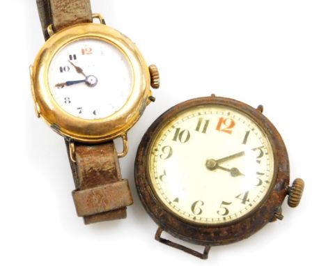 Two wristwatches, comprising a 1920's wristwatch, with white enamel dial and gold markers, blue hands, in a yellow metal case
