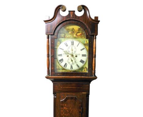 A Georgian mahogany and oak long case clock by F Johnson of Lincoln, the break arch dial painted with a farmyard and pastoral