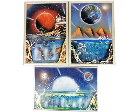 20thC School. Fantasy Planetary Scenes, mixed media, set of three, two portrait and one landscape, each indistinctly signed a