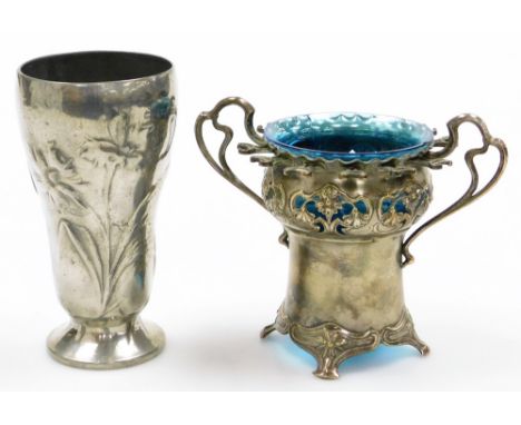 A German Kayserzinn Art Nouveau pewter vase, of tapering form, no 4089, 17cm high, and a WMF two handled vase with blue glass