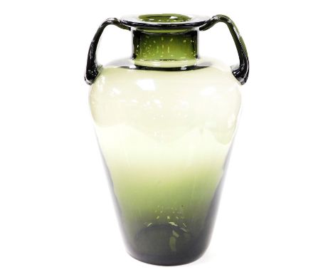 A mid 20thC Wilhelm Wagenfeld green glass 'Munchen' vase, model number VW 152.01, designed for the Vereinigte Lausitzer Glasw