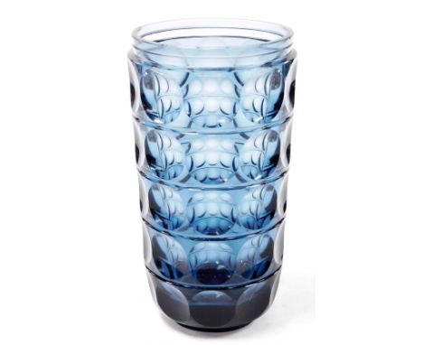 A mid 20thC Wilhelm Wagenfeld blue glass vase, model number 84.01, designed for the Vereinigte Lausitzer Glaswerke (VLG) 1937