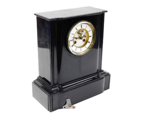 A late 19thC French black slate mantel clock, with white enamel dial bearing Roman numerals, visible brocot escapement, eight