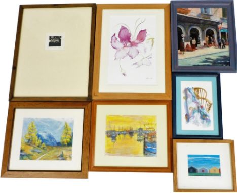 A group of pictures, to include Barbara Harris, Plymouth Sunset, mixed media, signed, 19cm x 24cm, Up The Rockies, acrylic on