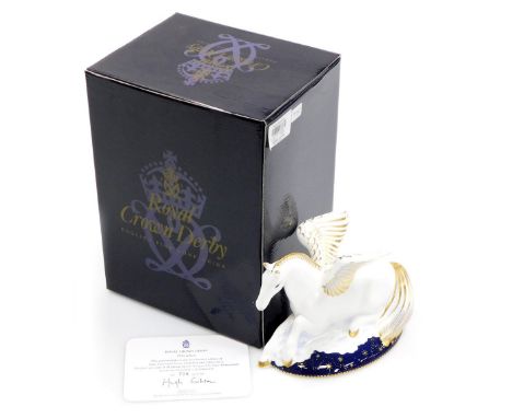 A Royal Crown Derby porcelain Pegasus paperweight, first in a pair of Mythical Beasts exclusive to Goviers, Sidmouth, limited