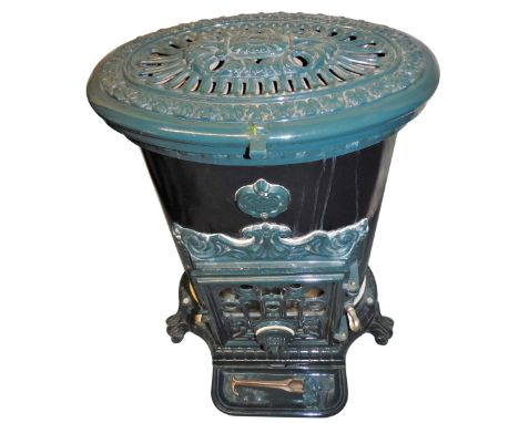 A Godin green enamelled cast metal wood burning stove, model 3726 approx 7kw, 74cm high. 