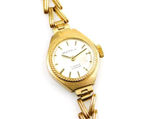 A Mappin 9ct gold lady's wristwatch, with silvered dial and seventeen jewel movement, the rear case inscribed Mrs R Shelbourn