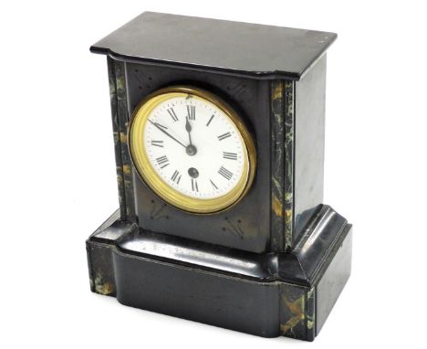 A Victorian black slate and marble mantel clock, with white ceramic dial bearing Roman numerals, thirty hour movement, 23cm h