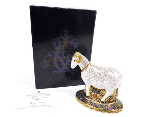 A Royal Crown Derby porcelain Heraldic Derbyshire Ram paperweight, commissioned by Goviers of Sidmouth, first of a pair of pa