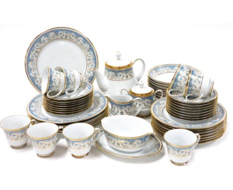 A Noritake Polonaise pattern porcelain part tea and dinner service, comprising teapot, two handled sugar bowl and cover, milk