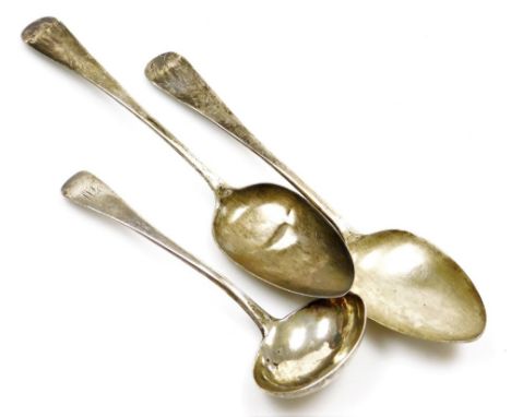 A pair of George III silver tablespoons, London 1790, and a small ladle, with engraved monogram to handle, London 1807, 4¼oz.