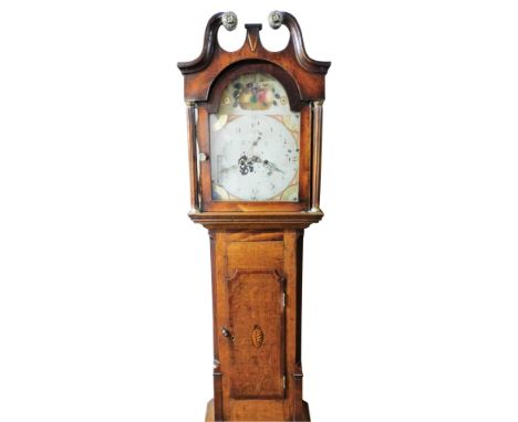 A 19thC oak and mahogany country longcase clock, the break arch dial painted with a basket of fruit and bearing Arabic numera