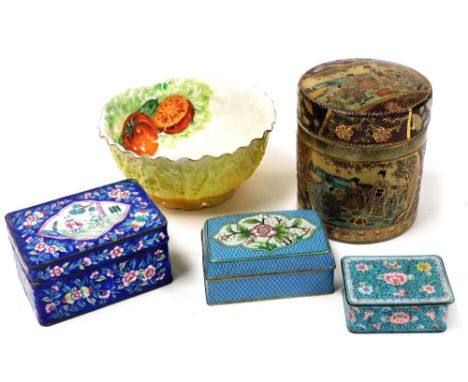 A group of Oriental wares, comprising a Noritake salad bowl (AF), 20cm diameter, three Chinese enamel boxes and covers, and a