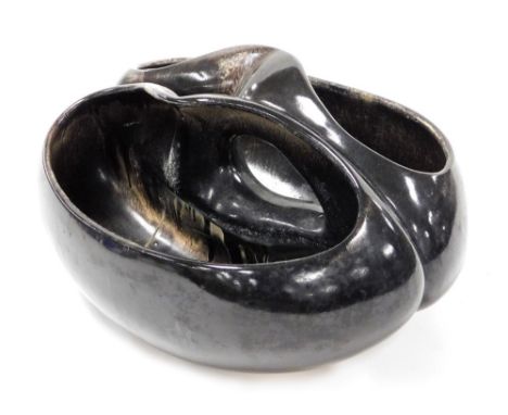A pottery model of a cacao nut, two open recesses, probably by Humphrey Wakefield, Isles of Scilly Pottery, unmarked, 29cm wi