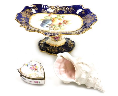 A Hammersley &amp; Co porcelain dessert comport, decorated with fruit, within a blue gilt highlighted border, 12cm high, a Br