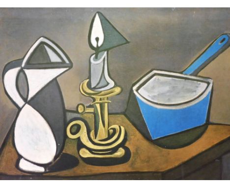 After Pablo Picasso. Still Life, jug, chamber stick and saucepan, print, 43cm x 55cm.