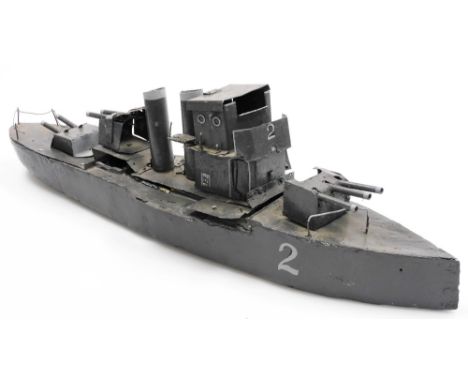 A scratch built model of WWI armoured cruiser, in grey, 74cm wide. 
