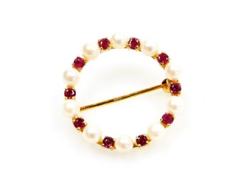 A ruby and pearl circular brooch, with arrangement of cultured pearls and round brilliant cut rubies, on a single pin back, y