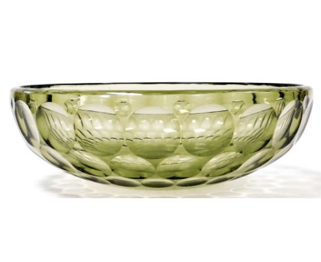 A mid 20thC Wilhelm Wagenfeld green glass bowl, model number WV 243.01, designed for the Vereinigte Lausitzer Glaswerke (VLG)