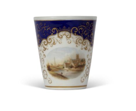 Grange Worcester mid 19th Century beaker painted with a view of Worcester with factory mark and title in red to base, 9cm hig