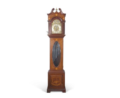 Elliott of London fine quality mahogany long cased clock with brass face with pierced spandrels, silver chapter rings with su