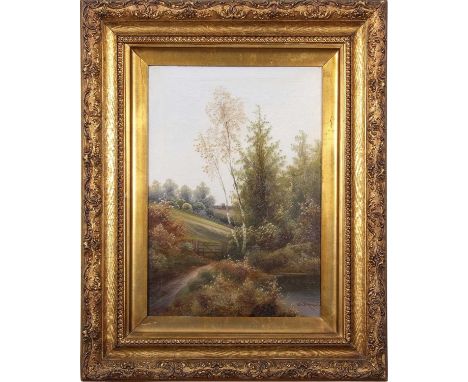 British School, early 20th century pair of picturesque landscapes, one with a path leading to a field gate next to a stream a