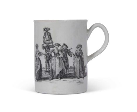 Small Worcester porcelain tankard decorated with black printed scenes of may day and milking scenes, circa 1765 (restored)