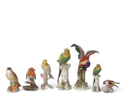 Quantity of bird models including two Royal Worcester examples and two continental examples of parrots