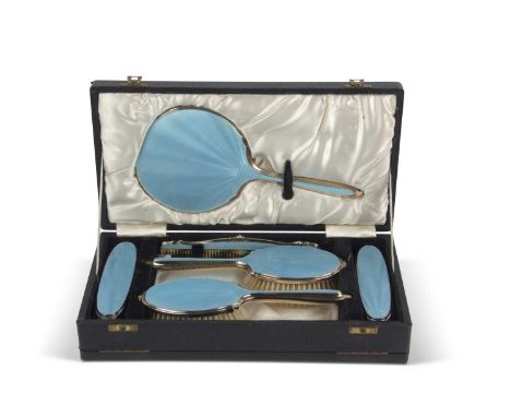 George VI cased six piece silver backed dressing table set, each item with pale blue guilloche enameled decoration, comprisin