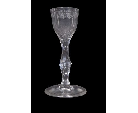 Georgian wine/cordial glass with star engraving around the bucket bowl and faceted stem, 14cm