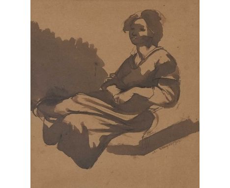 Clara Esther Klinghoffer (British, 1900-1970), Self-portrait of the artist, watercolour on coloured buff paper, signed. 12x10