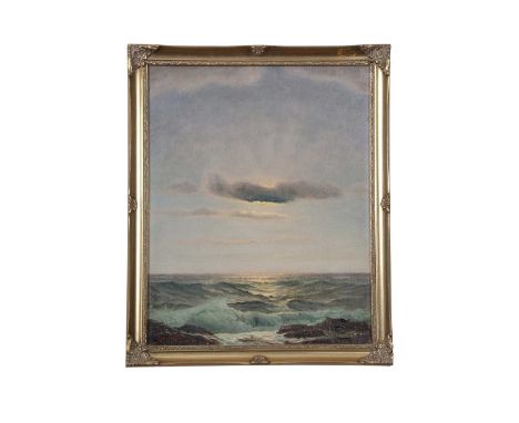 Charles Dunlop Tracey (British, 1870-1948), Seascape with open waves and clouded sun, oil on board, signed.