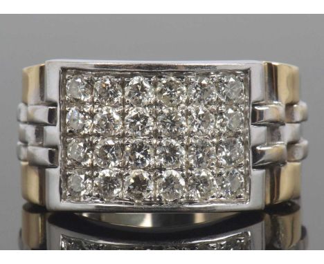 Modern two tone prescious metal and diamond set ring, the shaped rectangular panel 17x12mm approx, set with twenty four small