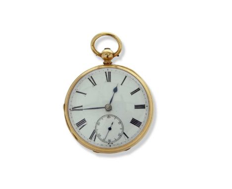 18ct gold open face pocket watch hallmarked throughout the case for London 1874, it has a white enamel dial with sub-second d