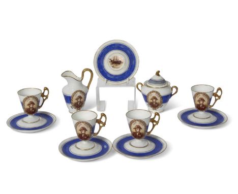 A continental porcelain part coffee set made to commemorate the centenary of the death of Nelson in 1905 comprising 4 cups de