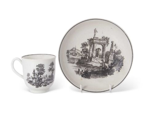 Worcester cup and saucer printed with garden statuary and obelisk on cup and unusual unrecorded print on saucer (chip to cup)