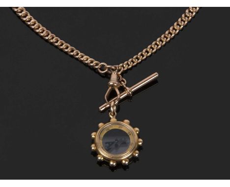 9ct gold double Albert watch chain suspending a 15ct stamped framed compass, g/w 40.7gms