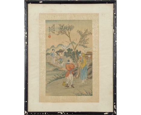 Pair of framed Chinese water colours, one of children flying a kite with red seal mark, the other with figures in a garden (2