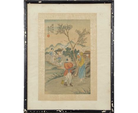 Pair of framed Chinese water colours, one of children flying a kite with red seal mark, the other with figures in a garden (2