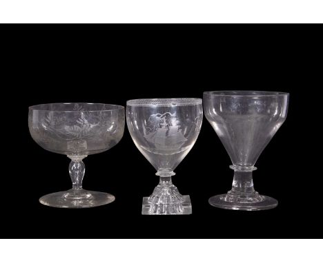 Early 19th Century rummer with lemon squeezer foot engraved with a battleship and the word 'Cambrian' possibly for HMS Cambri