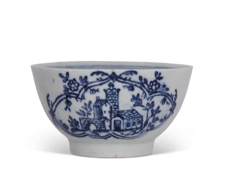 Lowestoft tea bowl printed with the Good Cross Chapel print within shaped borders (hairline) 