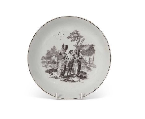 Worcester porcelain saucer dish printed with the milk maids pattern with unusual RH reversed Worcester mark and anchor