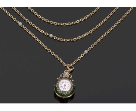 French gold ball watch with green enamel, highlighted with small old cut diamonds (one missing), stamped with the owl control