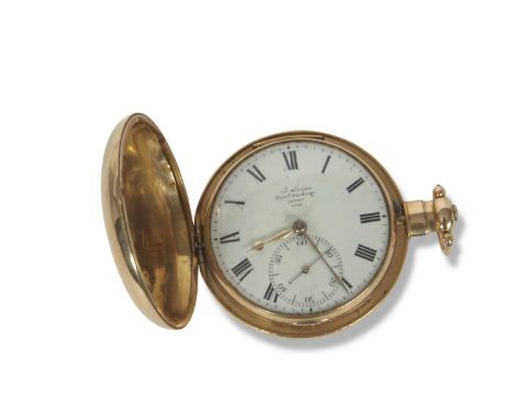 18ct gold Hunter pocket watch by J McCabe of London, hallmarks in the case date to London 1920, the watch has a key wound mov