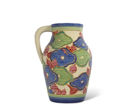 A Clarice Cliff single handled Lotus jug c.1930s hand painted in the Blue Chintz pattern with stylised flowers and foliage fa